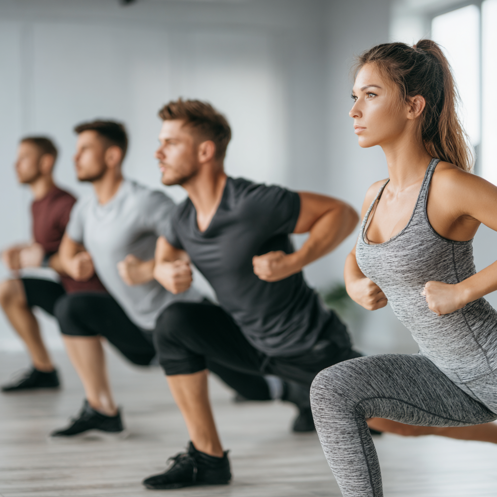 Group of smiling Ukrainian adults doing modern fitness workout with technological equipment in a well-lit gym