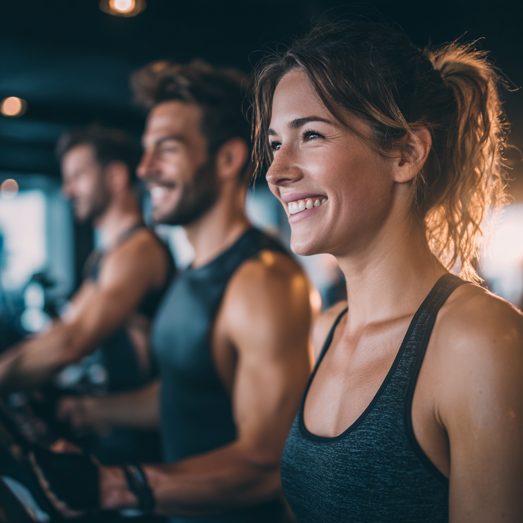 Happy Ukrainian adults using modern recovery equipment and stretching in a high-tech wellness center