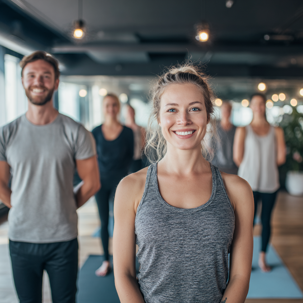 Modern fitness equipment and technology setup with Ukrainian fitness enthusiasts working out in a futuristic gym environment